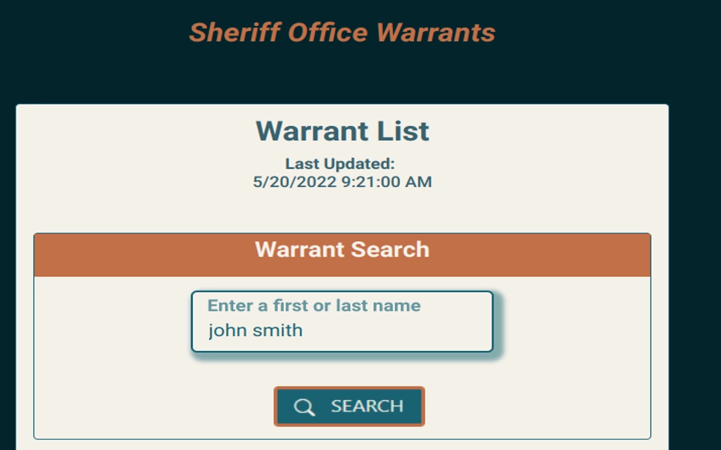 An image of Natrona County Sheriff's Office warrant list that can be searched using a residents first and last name.