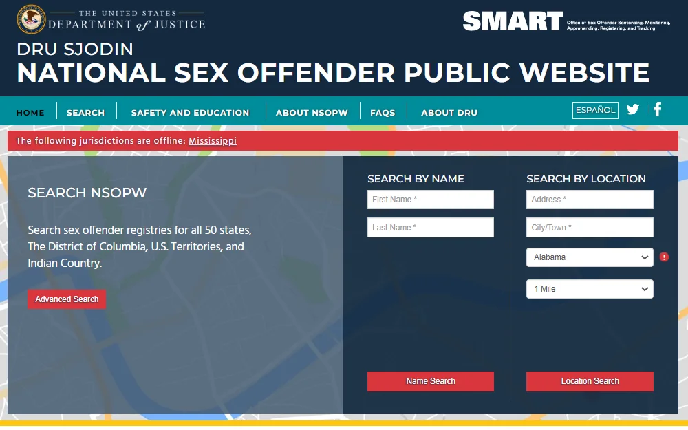 A snapshot of the "Search by Name" and "Search by Location" search options on the National Sex Offender Public Website; both options include a search button at the bottom of them, along with the Department of Justice logo in the upper left corner; by name requires the inmate's first and last name, while by location requires the address, city, and state to be entered.