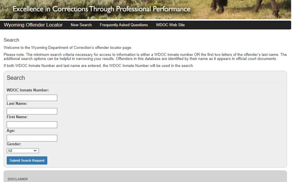 A snapshot of the Wyoming Department of Corrections offender locator page shows the options available, including finding the offender by WDOC inmate number, last name or first name, age, and gender to limit the results; the bottom is a submit search request button.