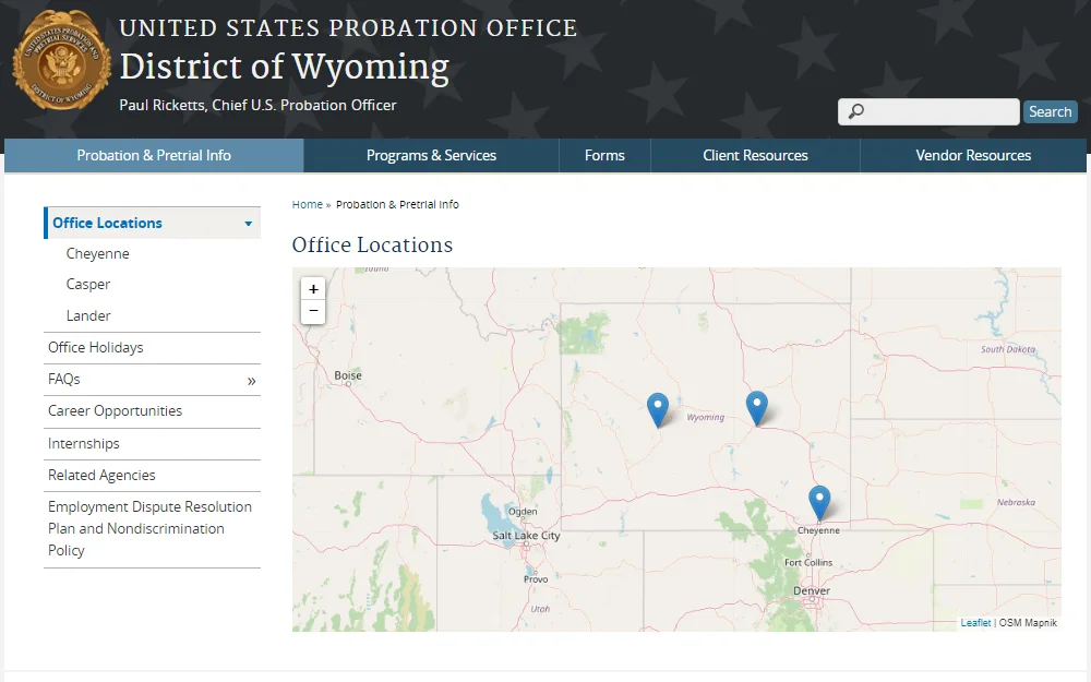 An image from the U.S. Probation Office District of Wyoming page; the user can choose the office from a dropdown box to find the exact location, and a map of the area appears; the district logo is at the top left corner.