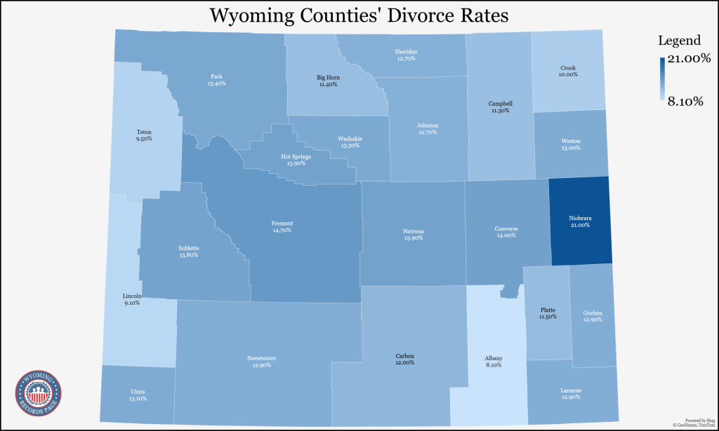 An outline of the map of Wyoming with its Counties showing the divorce population rates (5-year estimates in 2021) of each County base on the Census Bureau.