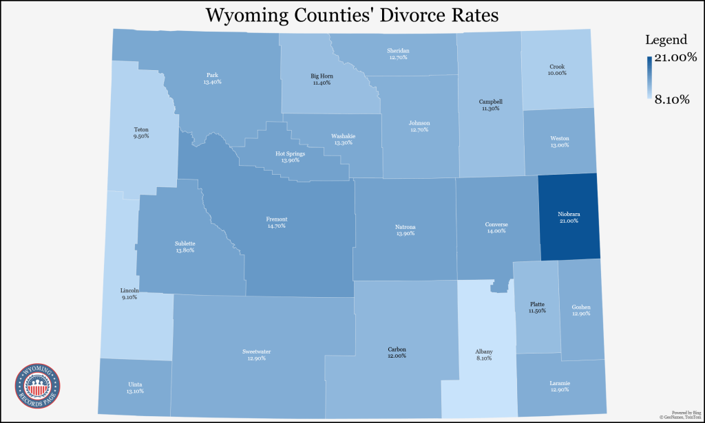 An outline of the map of Wyoming with its counties, showing the divorce population rates (5-year estimates in 2021) of each county, based on the Census Bureau.