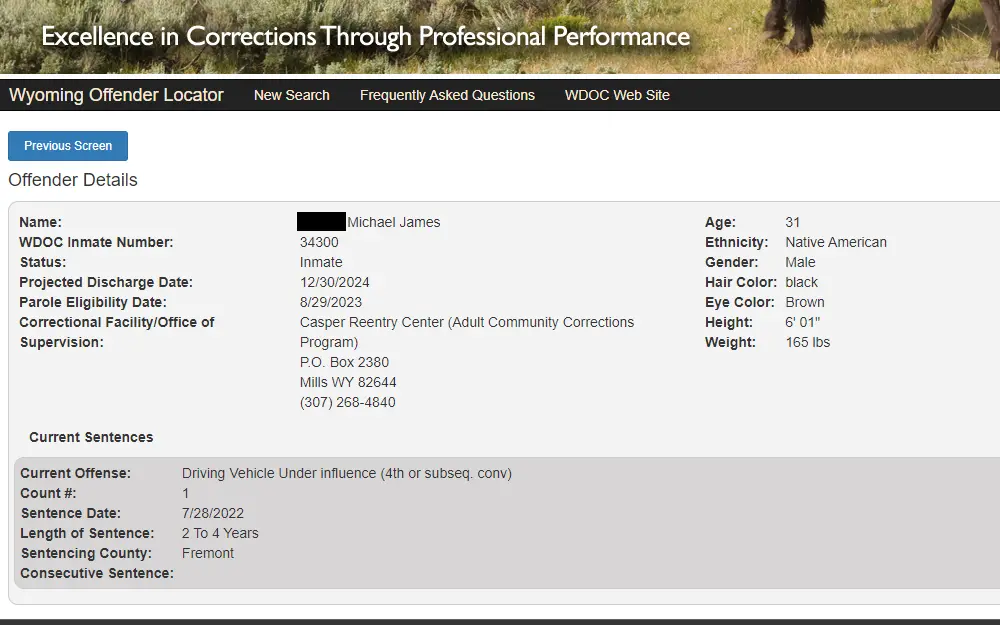 A screenshot of the Wyoming Department of Corrections offender locator page reveals the results of an inmate search, which include the offender's full name, WDOC number, status, projected release date, date at which he will be eligible for parole, correctional facility, and physical characteristics, including the current sentences.