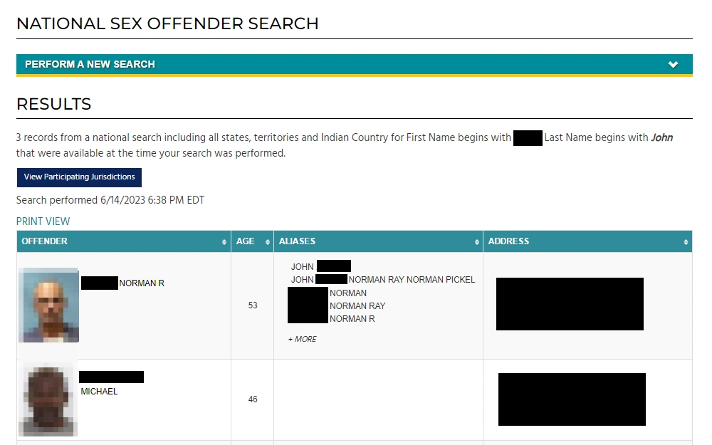 A snapshot of the National Sex Offender search result includes the offender's mugshot and full name, age, aliases, and address.