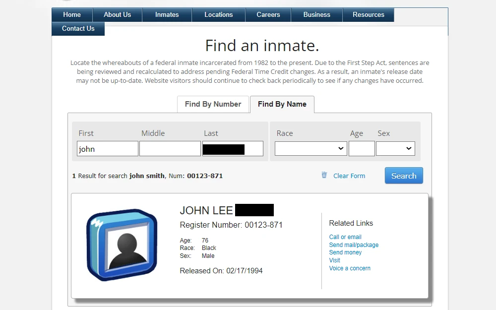 A screenshot from the Federal Bureau of Prisons finds inmate search results, which include the offender's full name, mugshot, register number, age, race, sex, and release date.
