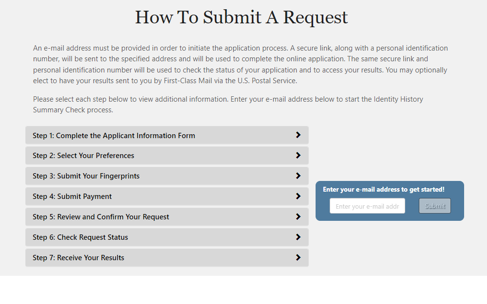 A screenshot showing the seven steps to submit a request to the Federal Bureau of Investigations, which includes Step 1: Complete the Applicant Information Form, Step 2: Select Preferences, Step 3: Submit Fingerprints, Step 4: Submit payment, Step 5: Review and Confirm Request, Step 6: Check Request Status and Step 7: Receive Results.