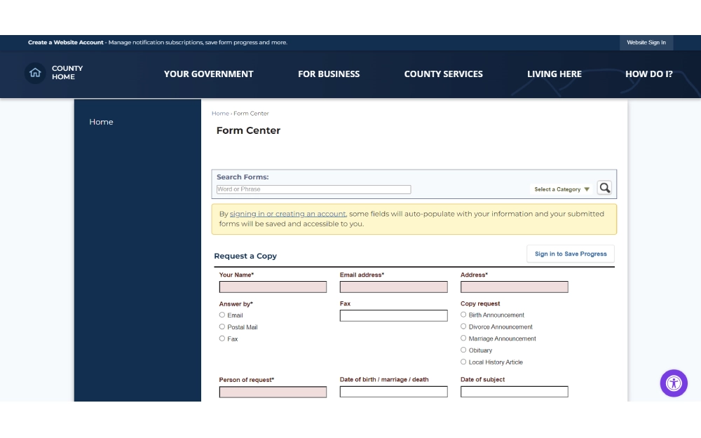 The image captures a web page of a county's Form Center where users can request various documents such as birth, marriage, or obituary announcements, providing fields for personal information, preferred response method, and specific details about the person of interest, with an option to sign in to save progress.