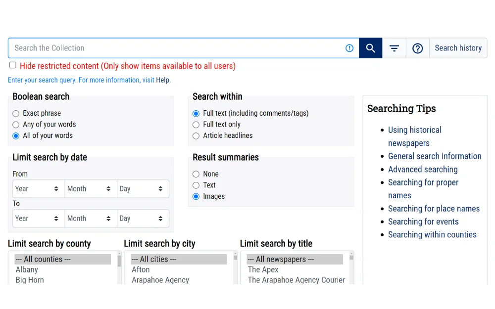 The image showcases a digital archive search interface for historical newspapers, providing options for Boolean search, date range limitations, and filters by county, city, or specific newspaper titles, along with a sidebar offering helpful tips for conducting thorough historical research.