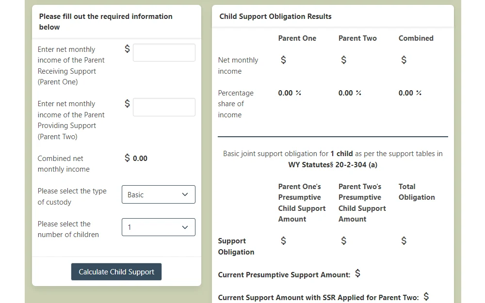 A screenshot of the 'Guidelines Calculator' provided by the Wyoming Child Support Program requires to fill out the requested information primarily about the individual's income; child support obligation results are shown on the right side.