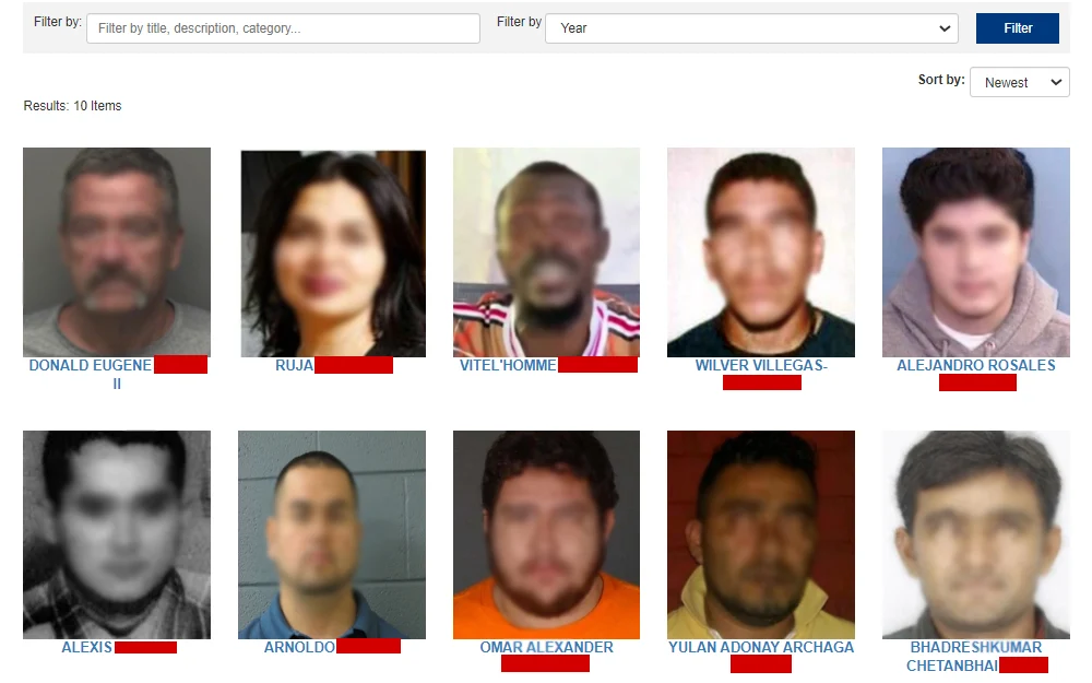 A screenshot of the top ten most wanted fugitives from the Federal Bureau of Investigation, displaying their mugshots and full names.