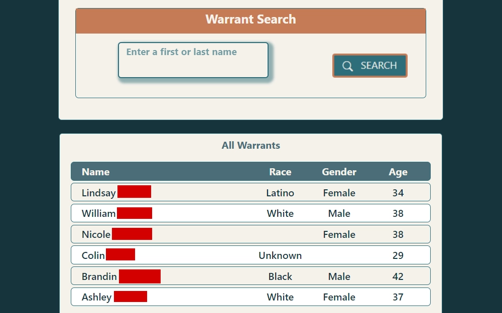 Screenshot of the warrant search tool and results, listing the names, races, genders, and ages of the arrested individuals.