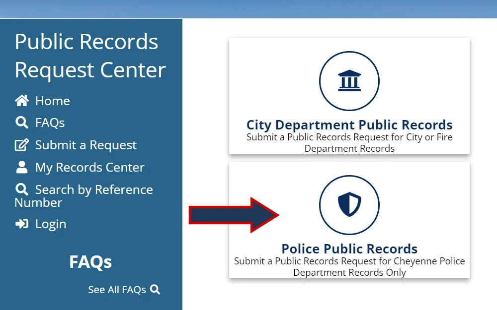 Screenshot of the public records request center, with options for city department and police department as recipients.