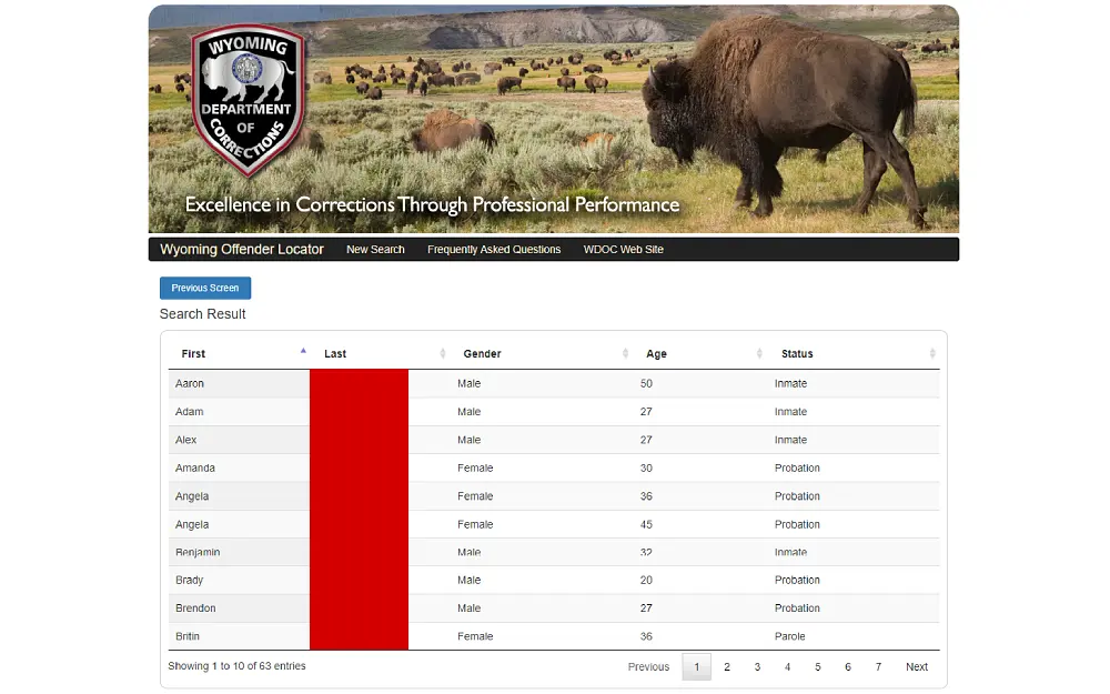 A screenshot showing an Offender Locator Search results displaying information such as first and last name, gender, age and status of each individual from the Wyoming Department of Corrections website.
