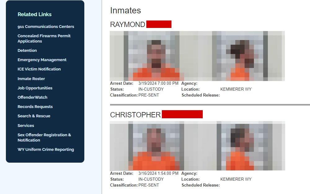 Screenshot from the Lincoln County Sheriff's Office's Inmate roster, displaying the first two inmates from the list including their names, mugshots, arrest dates, statuses, classifications, agencies, locations, and scheduled releases, if applicable; together with a left side panel containing links related to the services offered by the department.