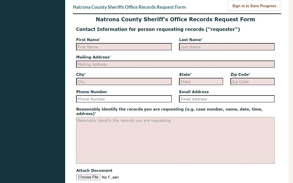A screenshot showing the Natrona County Sheriff's Office's Records Request Form requiring details to be filled in such as first name, last name, mailing address, city, state, and zip code, reasonably identify the records to be requested, and additional information including the phone number, email address, and an option to attach a document.