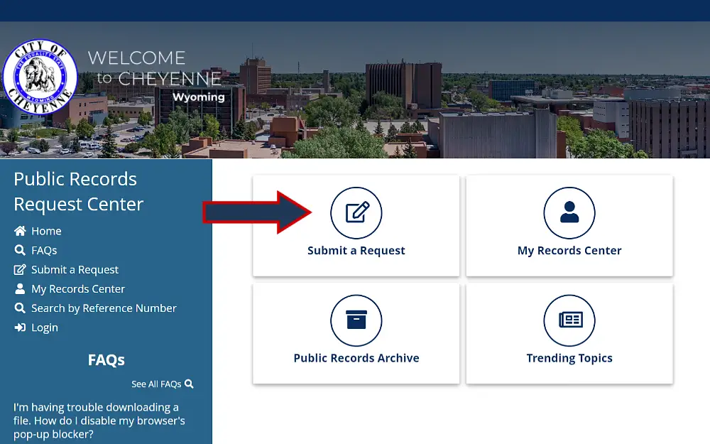 A screenshot from the City of Cheyenne, Wyoming, website displaying a public records request center with menu options to submit a record request, view the records center, view the public records archive, and view trending topics.