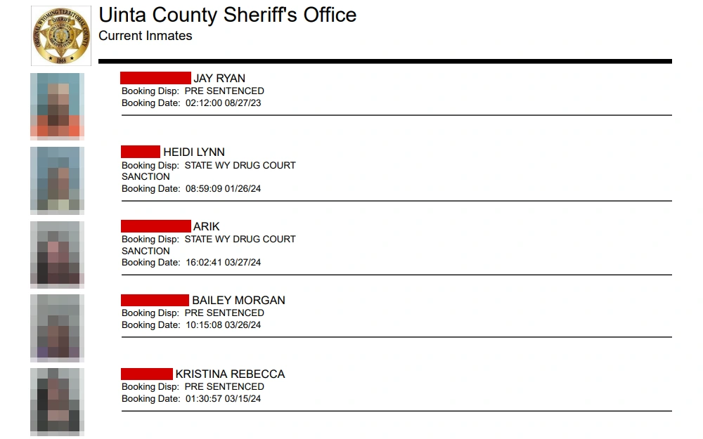 Screenshot of the first page of the Uinta County Sheriff's Office's inmate roster displaying the inmates' photographs, names, booking dispositions, and booking dates.