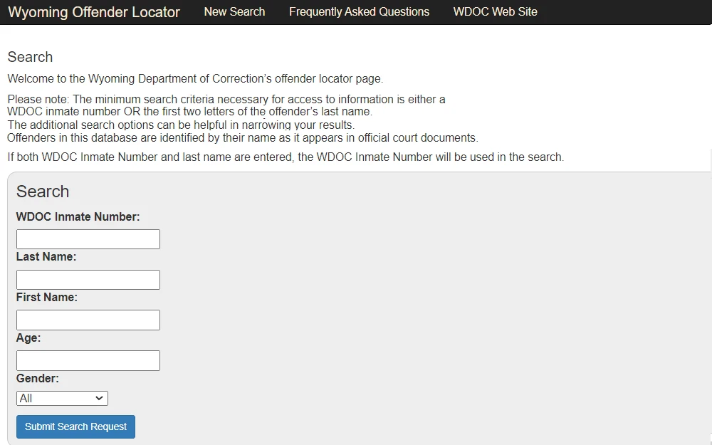 Screenshot taken from the Wyoming Department of Corrections' website displaying the offender locator tool they offer starting with a reminder about the search criteria and information held by the locator followed by the section containing the search fields for WDOC inmate number, last name, first name, age, and gender.