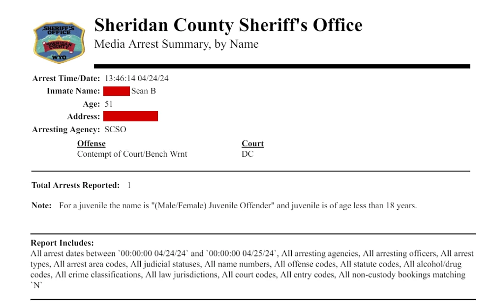 A screenshot showing a media arrest summary by name from the Sheridan County Sheriff's Office includes the arrest time and date, inmate name, age, address, arresting agency, offenses and court.