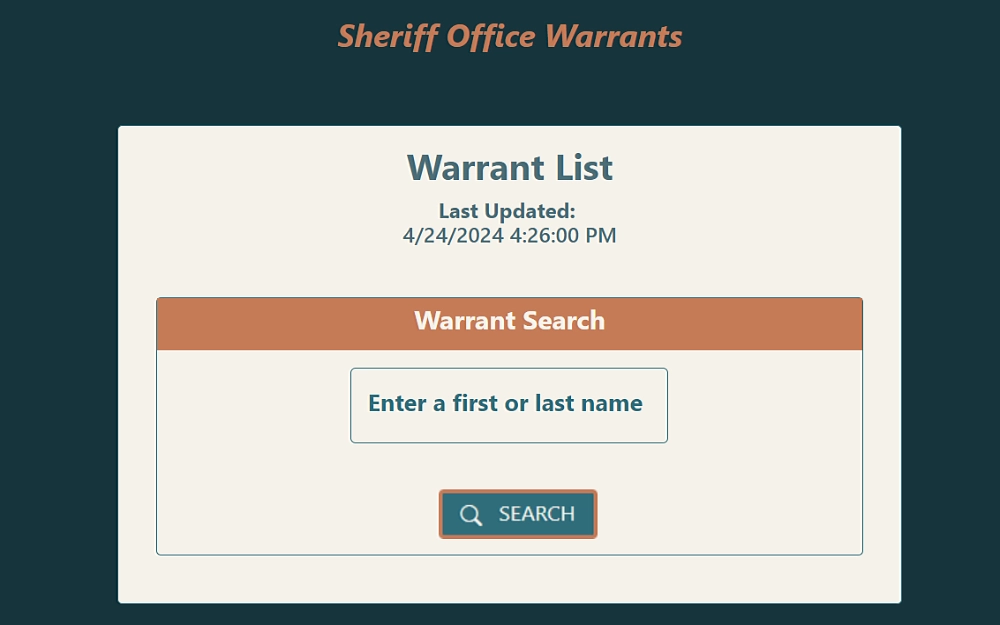An image of the Natrona County Sheriff's Office warrant list that can be searched using a resident's first and last name.